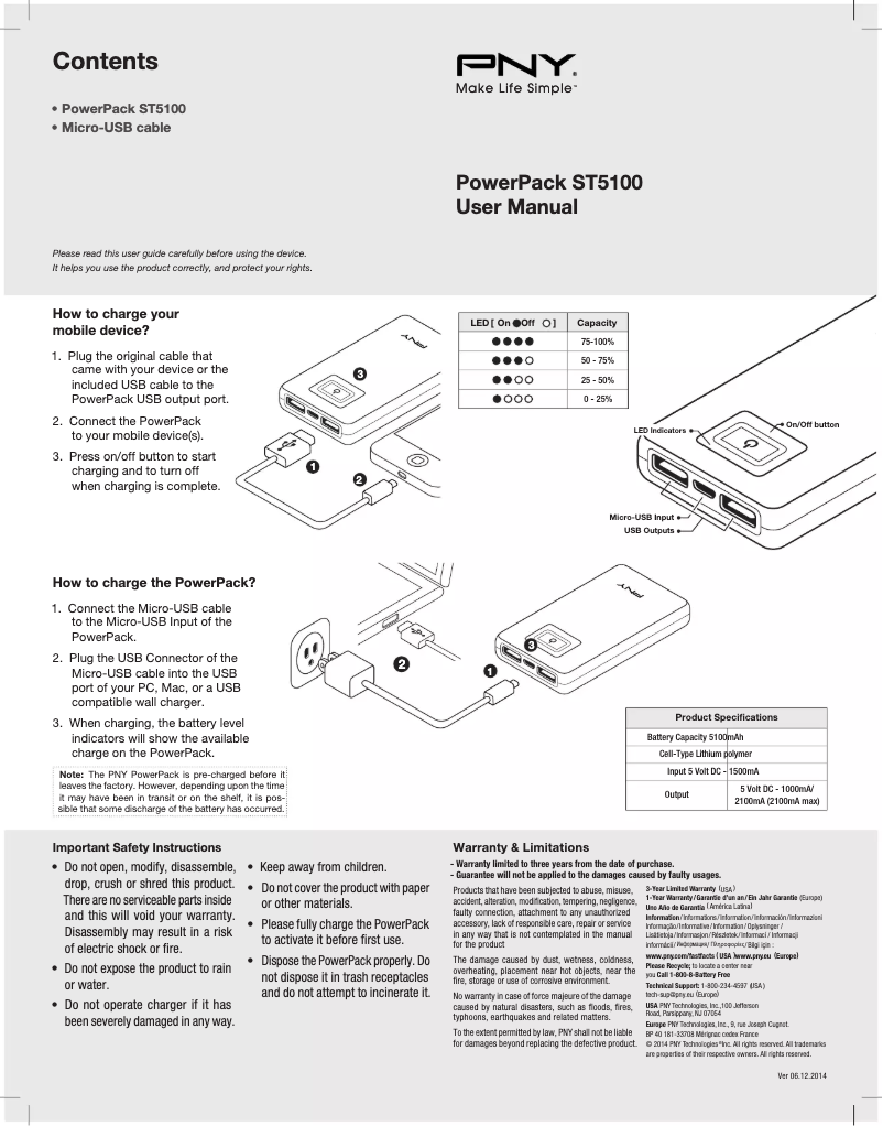 Page 1 de la notice Manuel utilisateur PNY PowerPack ST5100