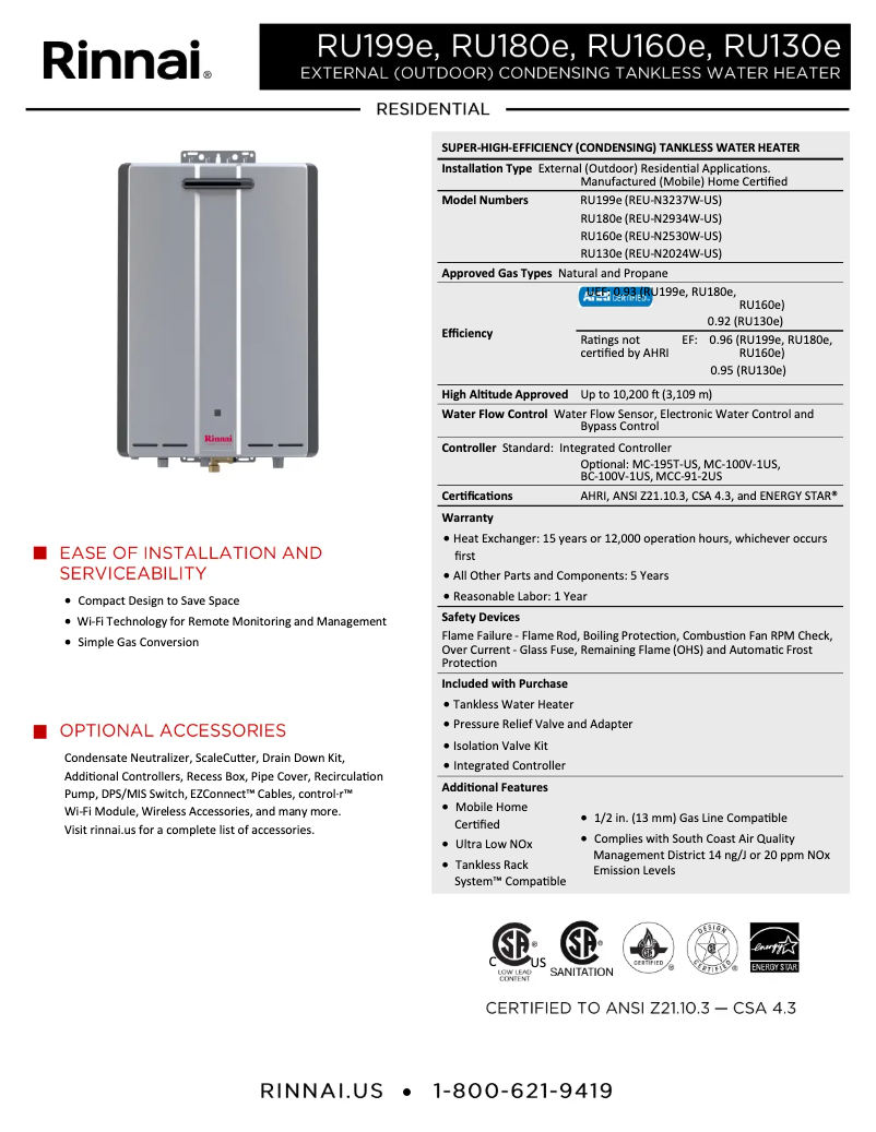 Page 1 de la notice Fiche technique Rinnai RU160eN