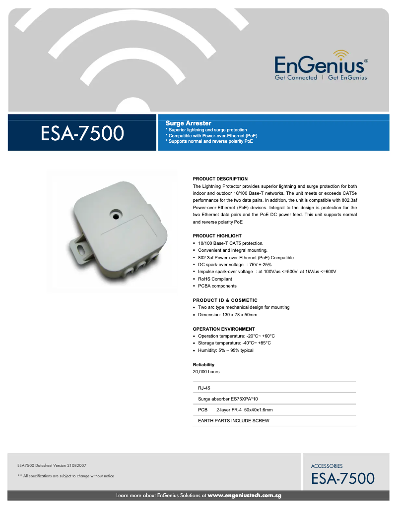 Page 1 de la notice Fiche technique EnGenius ESA-7600G