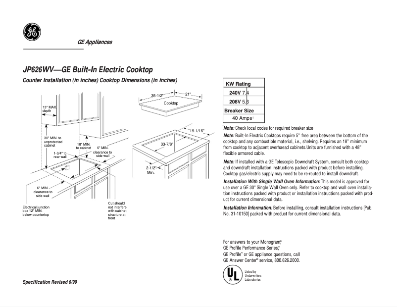 Page 1 de la notice Fiche technique GE JP626WVWW