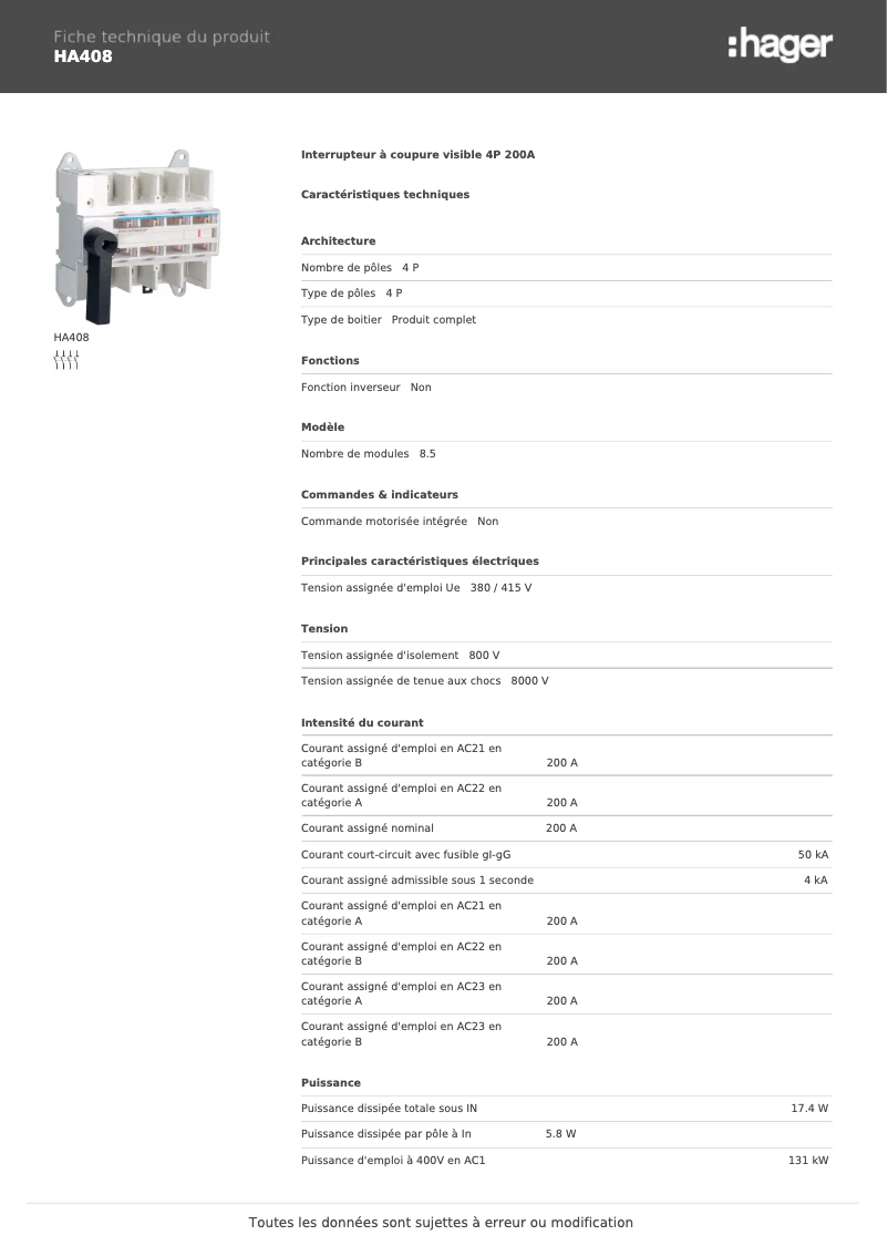 Página 1 del manual Ficha técnica Hager HA408