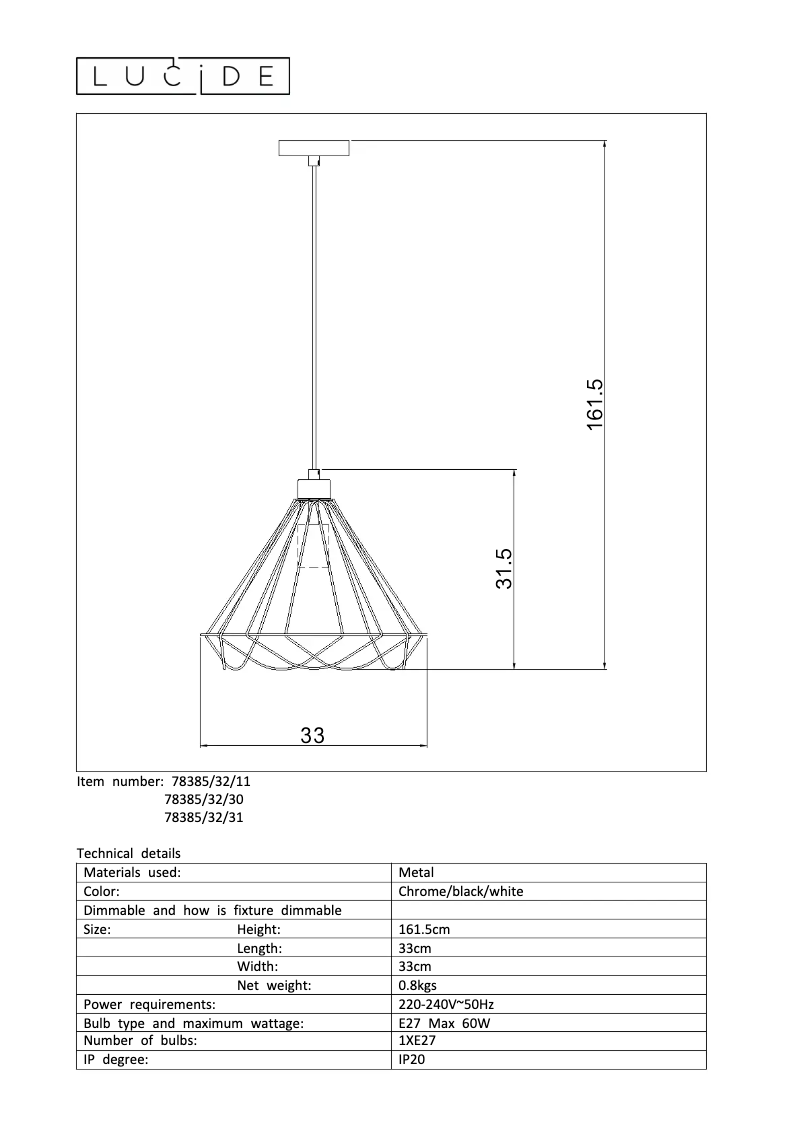 Page 1 de la notice Manuel utilisateur Lucide Kyara 78385/32/30