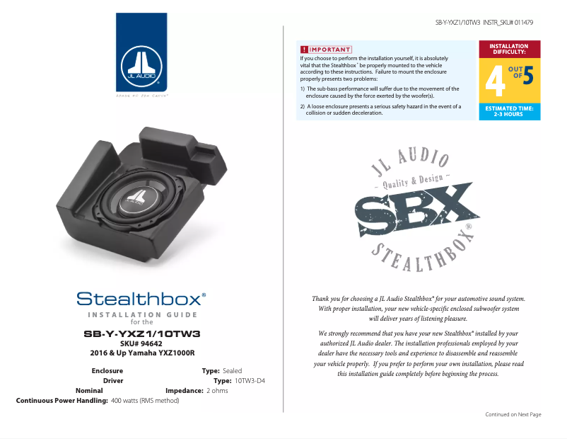 Page 1 de la notice Manuel utilisateur JL Audio PowerSport Stealthbox
