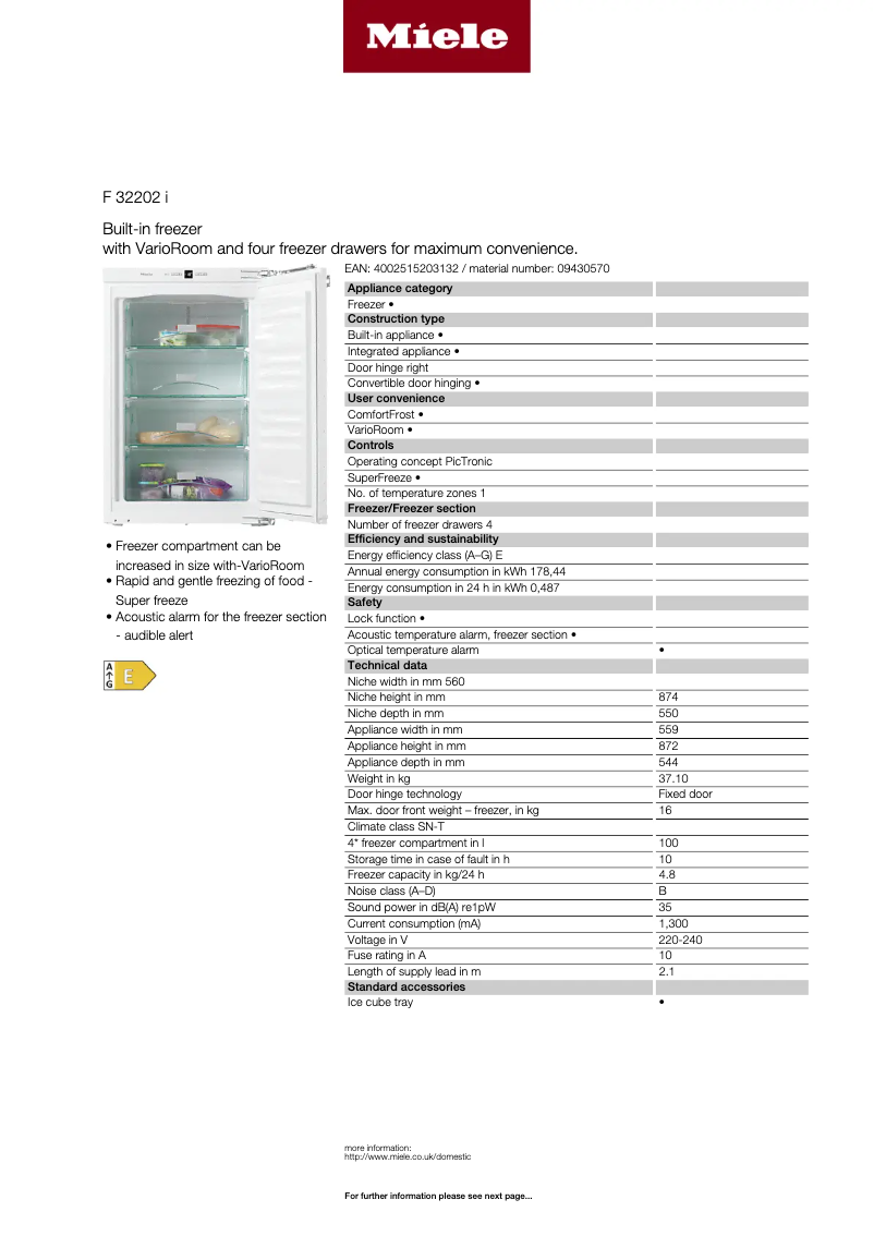 Page 1 de la notice Fiche technique Miele F 32202 i