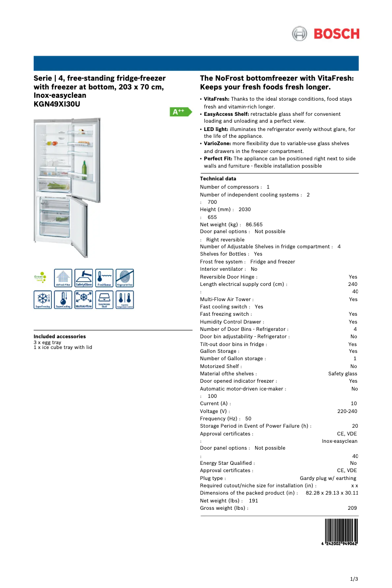 Page 1 of the manual Technical Sheet Bosch KGN49XI30U