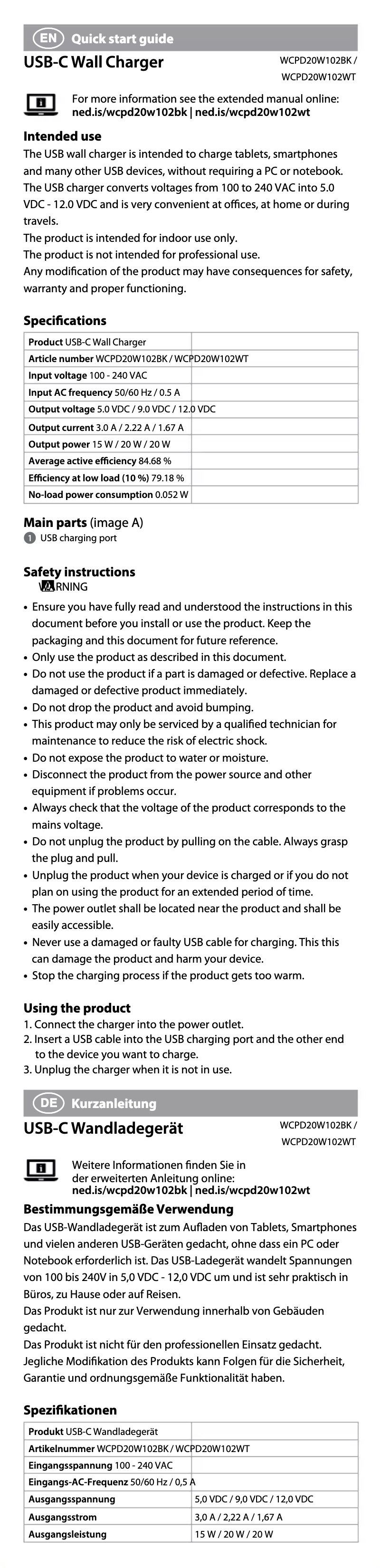 Page 1 de la notice Manuel utilisateur Nedis WCPD20W102WT