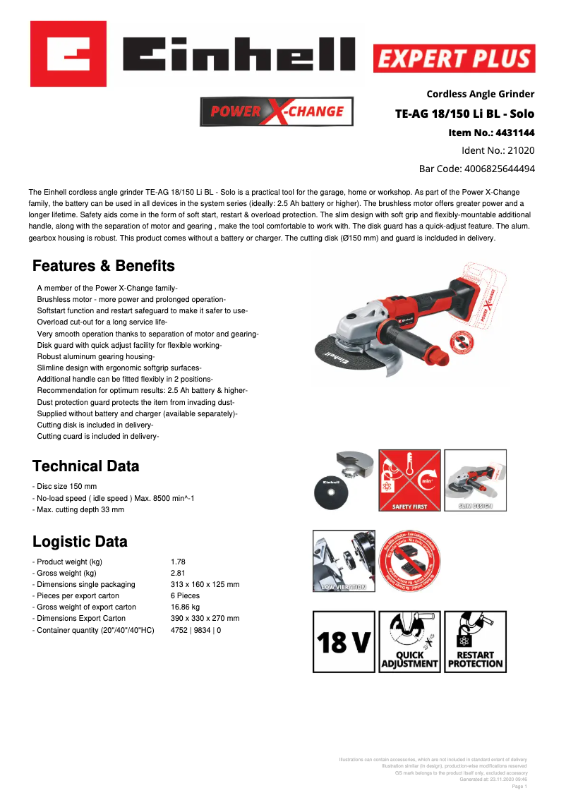 Page 1 de la notice Fiche technique Einhell TE-AG 18/150 Li BL