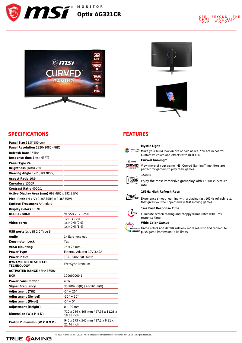 Page 1 de la notice Fiche technique MSI Optix AG321CR