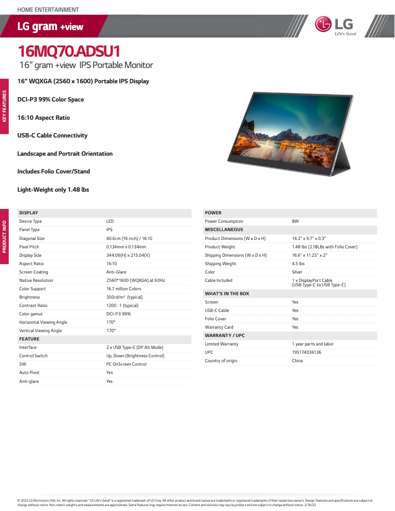 Página 1 del manual Ficha técnica LG Gran +View 16MQ70
