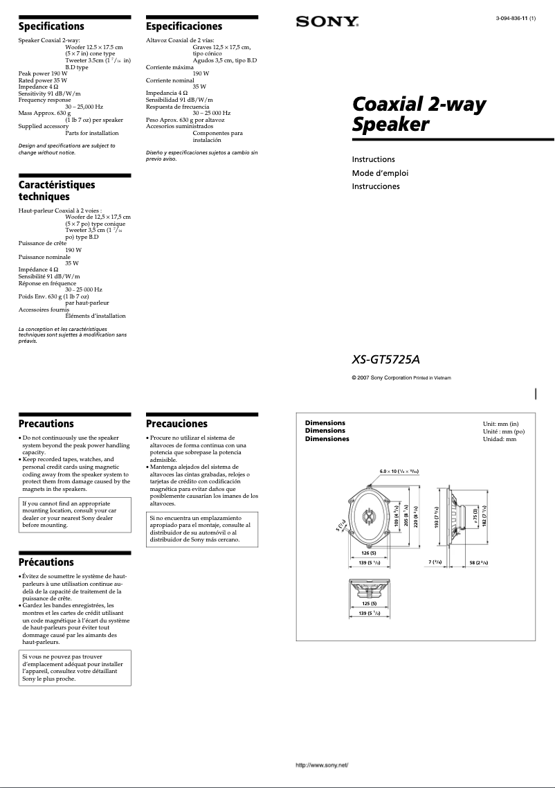 Page 1 de la notice Manuel utilisateur Sony XS-GT5725A