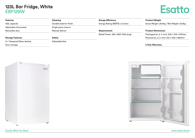 Page 1 de la notice Fiche technique Esatto EBF129W
