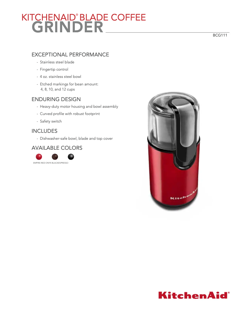 Page 1 de la notice Fiche technique KitchenAid BCG111
