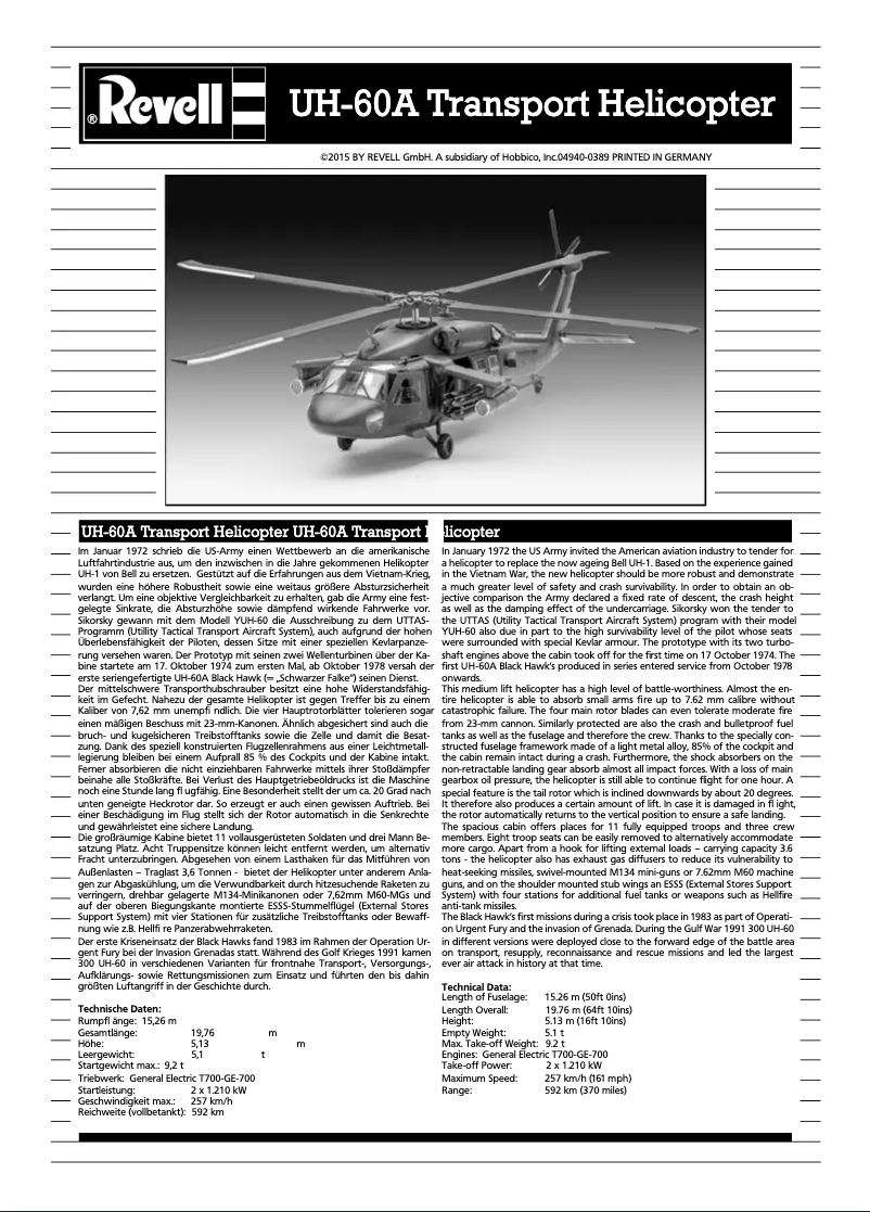 Page 1 de la notice Manuel utilisateur Revell UH-60A Transport Helicopter