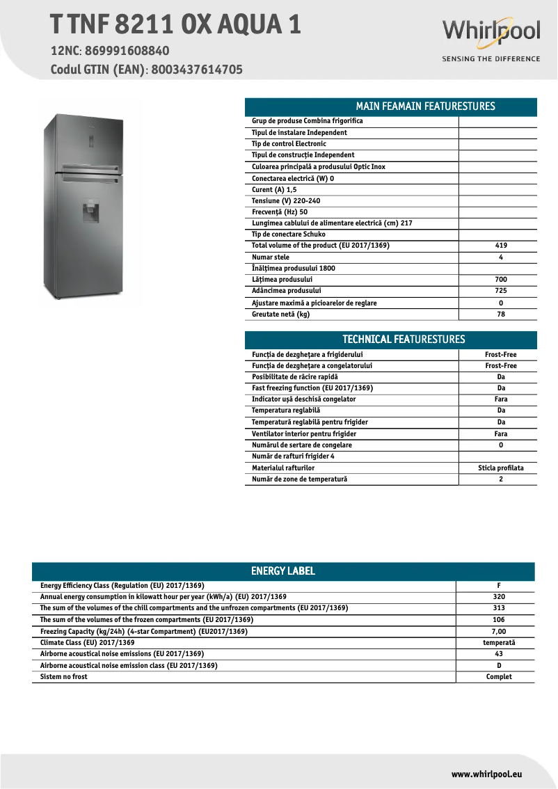 Page n°1 - Fiche technique Whirlpool T TNF 8211 OX AQUA 1