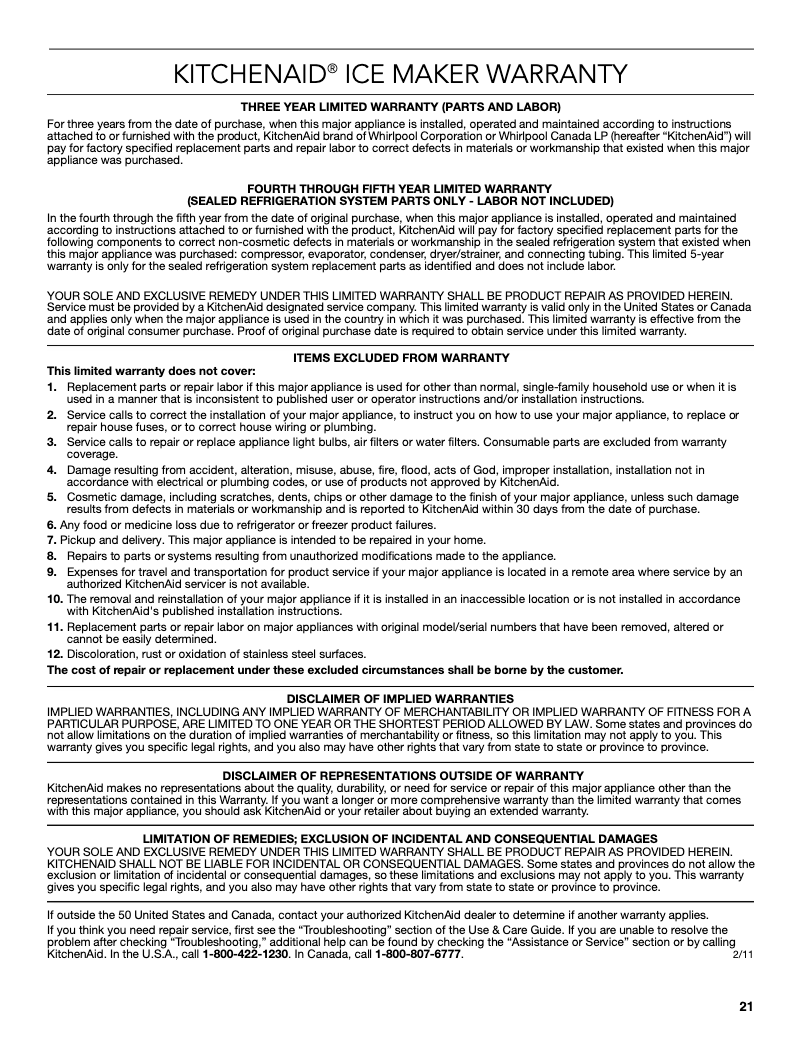 Page 1 de la notice Informations de garantie KitchenAid KUIX305E