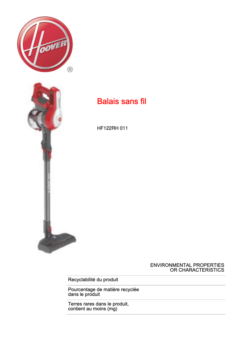 Page 1 de la notice Fiche technique Hoover H-FREE 100 HF122RH 011