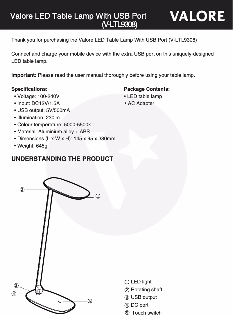 Page 1 de la notice Manuel utilisateur Valore V-LTL9308
