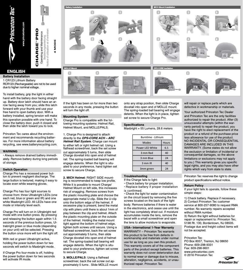 Page 1 de la notice Manuel utilisateur Princeton Tec Charge Pro