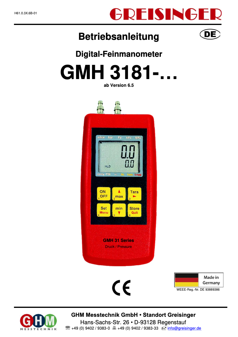 Page n°1 - Manuel utilisateur Greisinger GMH 3181-002