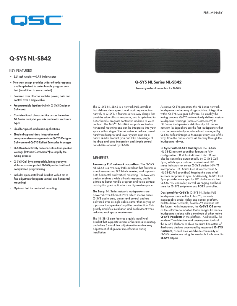 Page 1 de la notice Fiche technique QSC NL-SB42