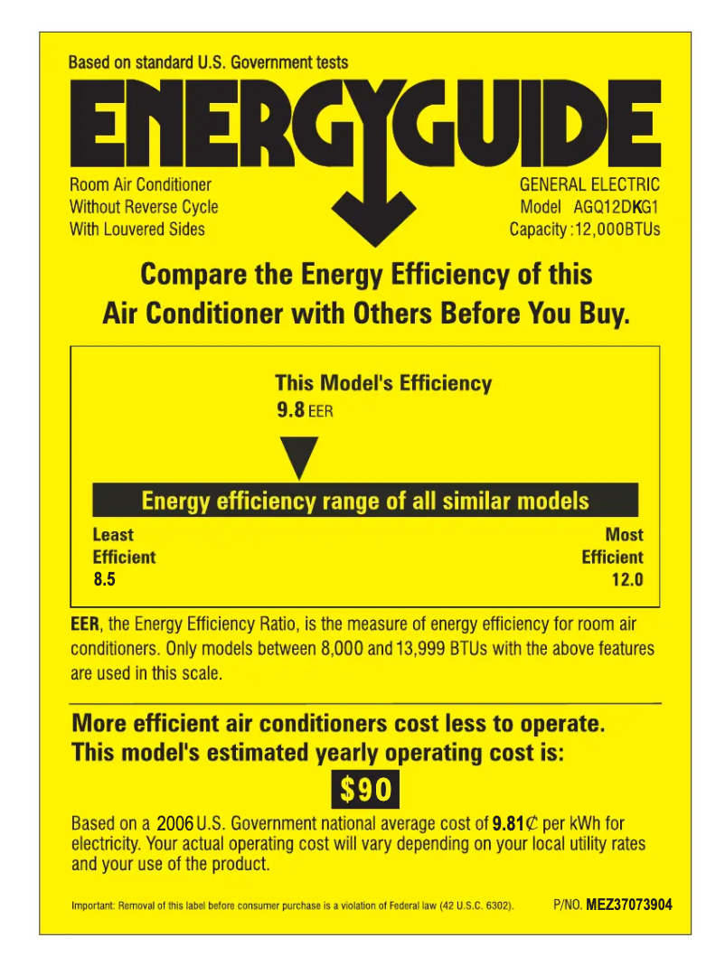 Page 1 de la notice Label énergétique GE AGQ12DK
