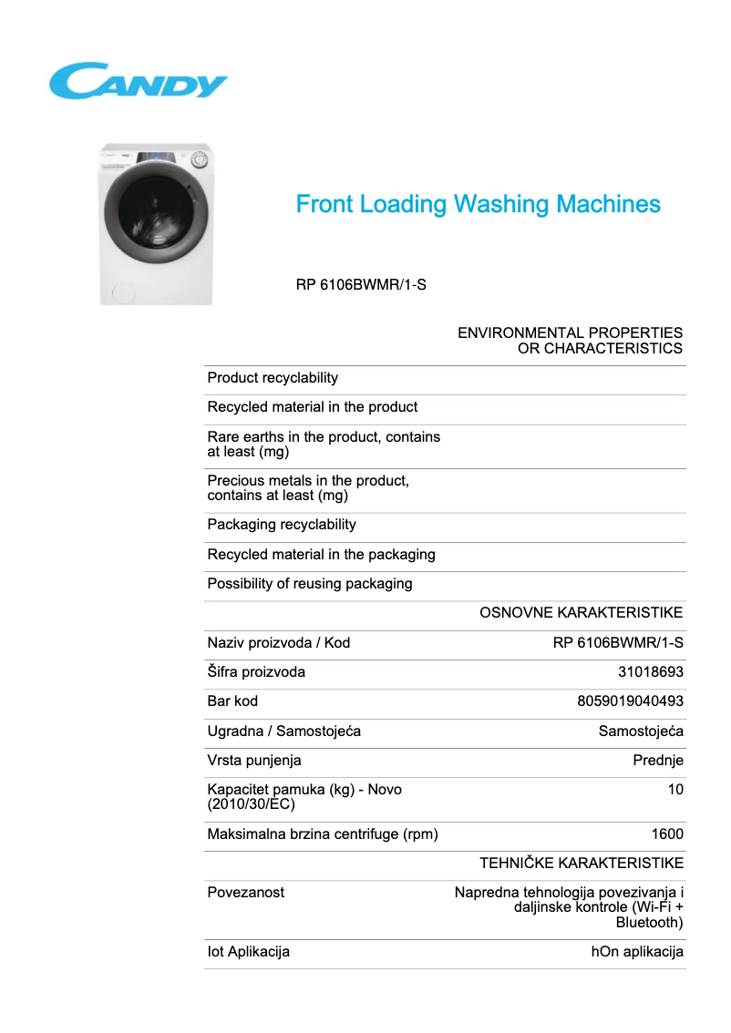 Page 1 de la notice Fiche technique Candy RP 6106BWMR/1-S