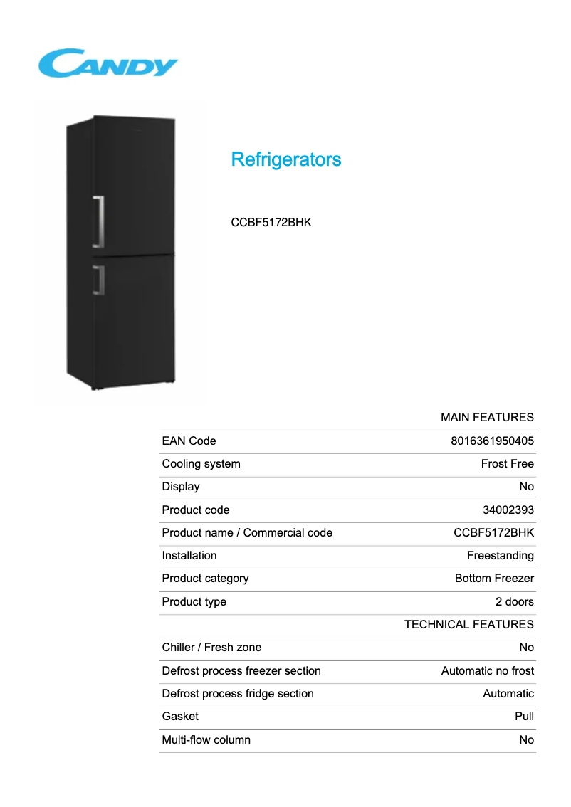 Page 1 de la notice Fiche technique Candy CCBF5172BHK