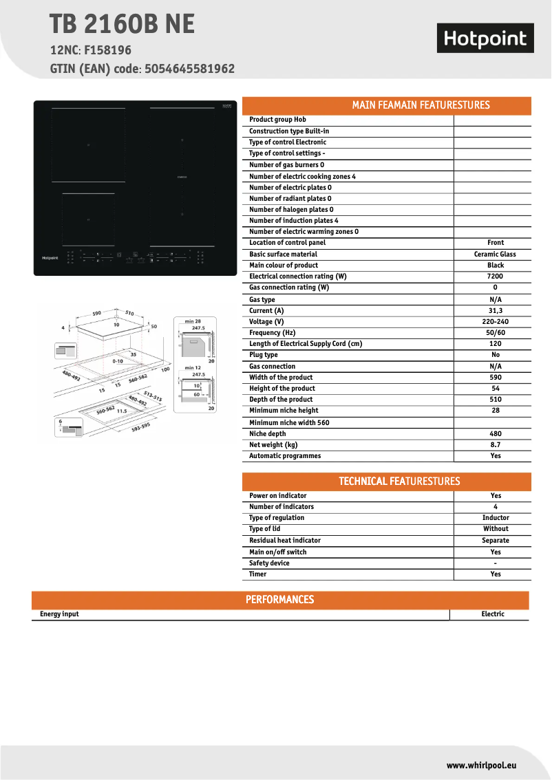 Page n°1 - Fiche technique Hotpoint TB 2160B NE