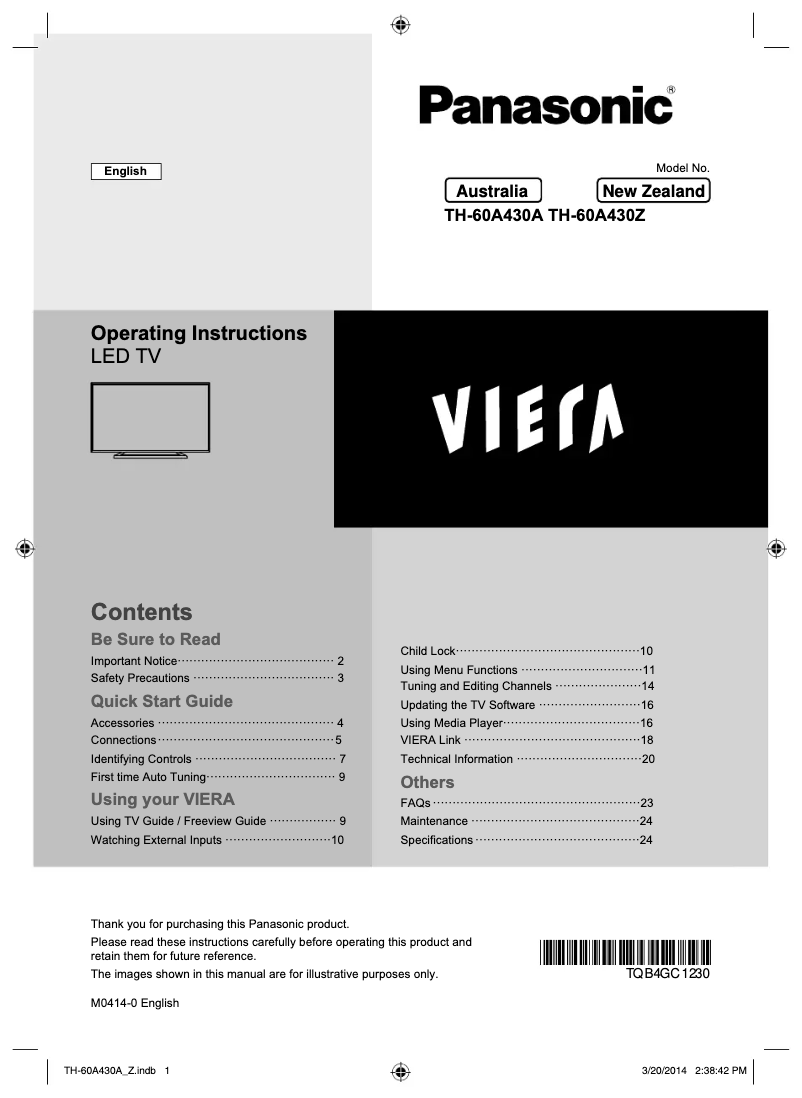 Page n°1 - Manuel utilisateur Panasonic TH-60A430A