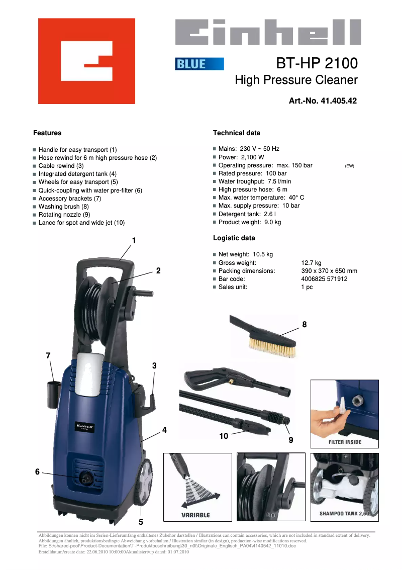 Page n°1 - Manuel utilisateur Einhell BT-HP 2100