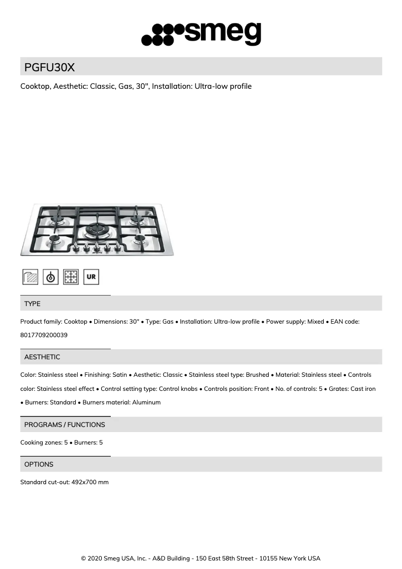 Page n°1 - Fiche technique Smeg PGFU30X