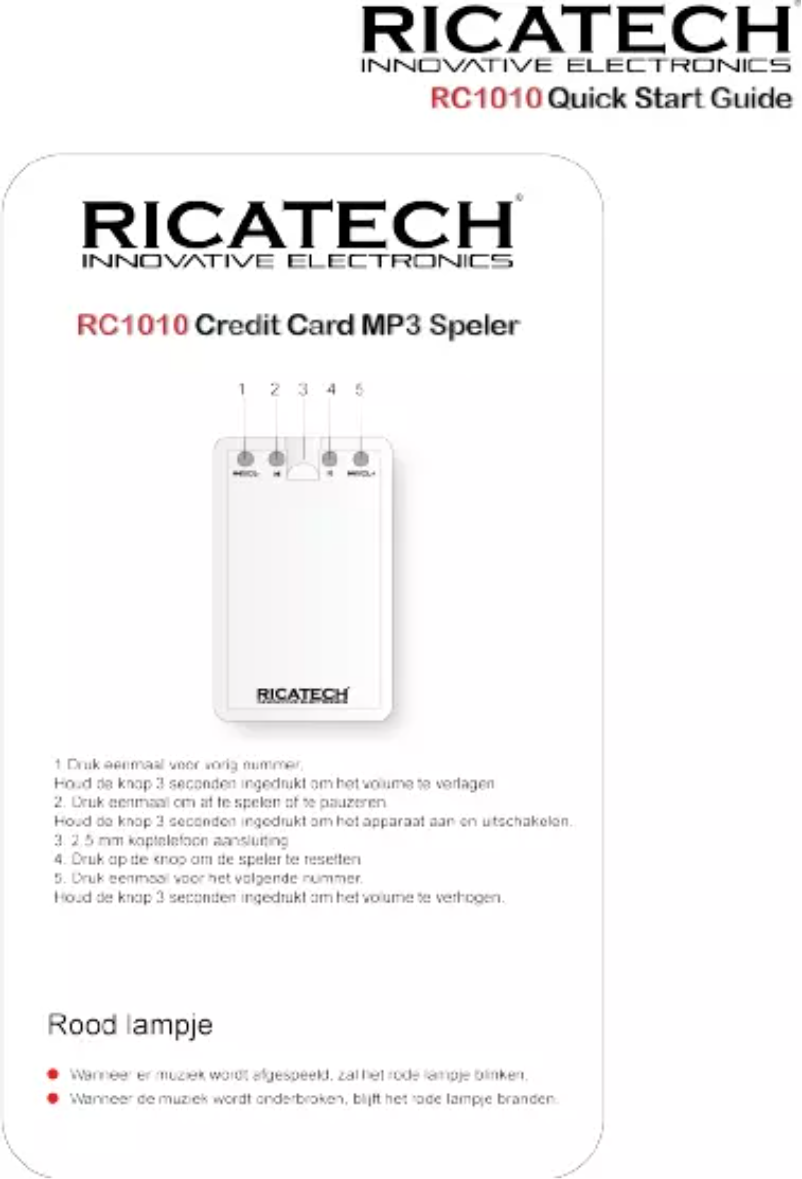 Page 1 de la notice Manuel utilisateur Ricatech RC-1010