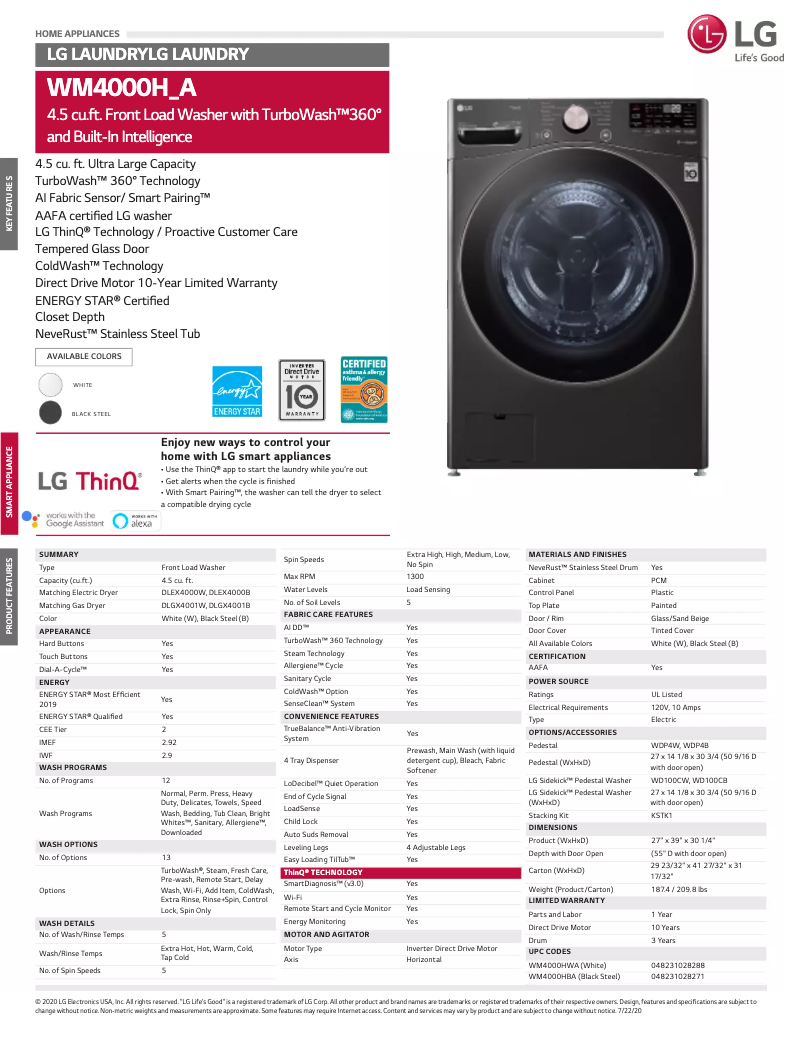 Page 1 de la notice Fiche technique LG WM3900HWA