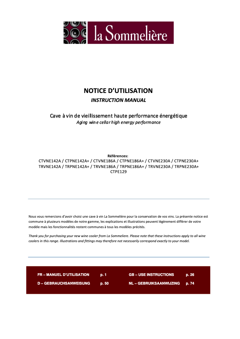 Page n°1 - Manuel utilisateur La Sommelière CTVNE230A