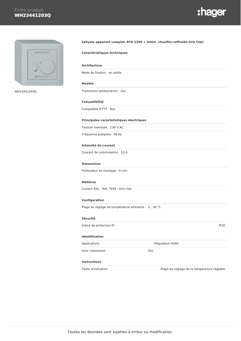 Page 1 de la notice Fiche technique Hager WH23441203Q