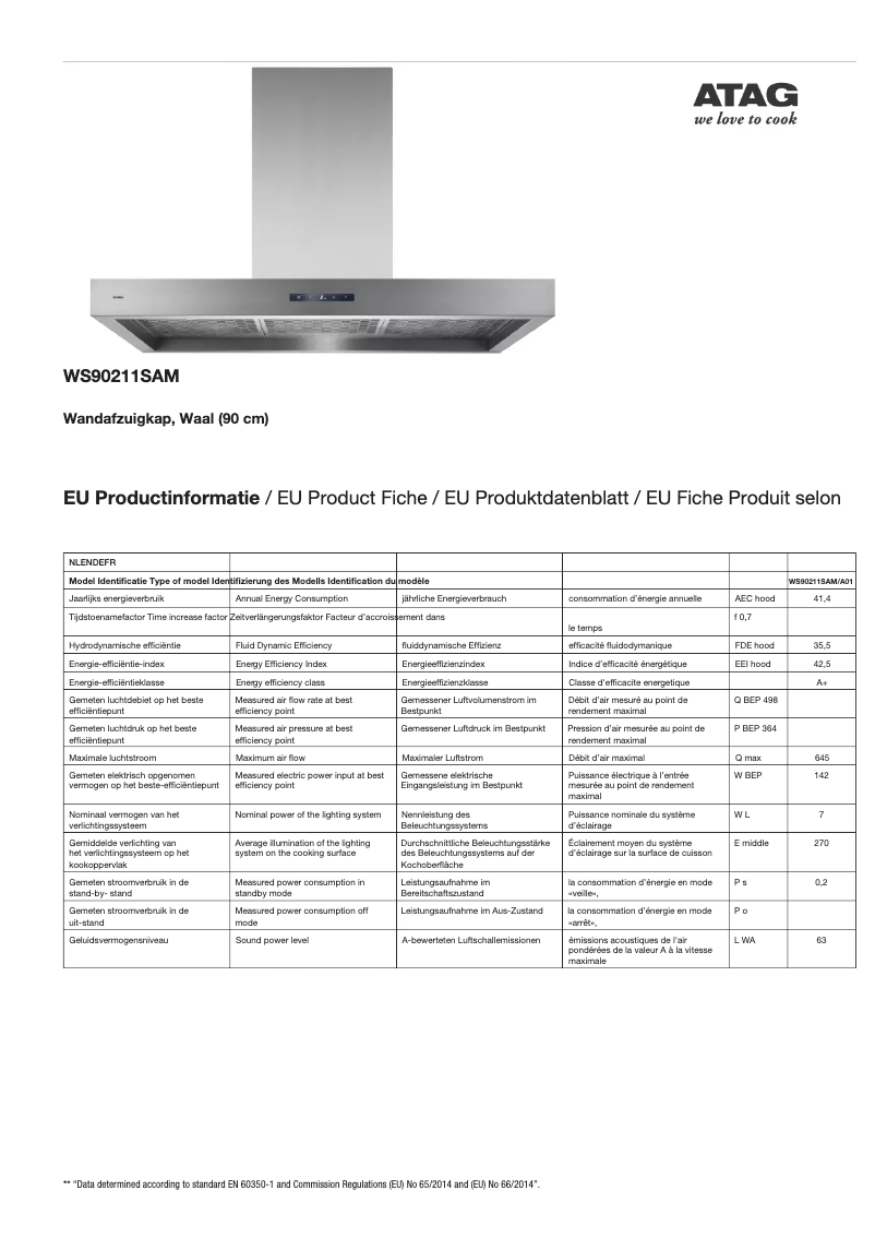 Page 1 de la notice Fiche technique Atag WS90211SAM
