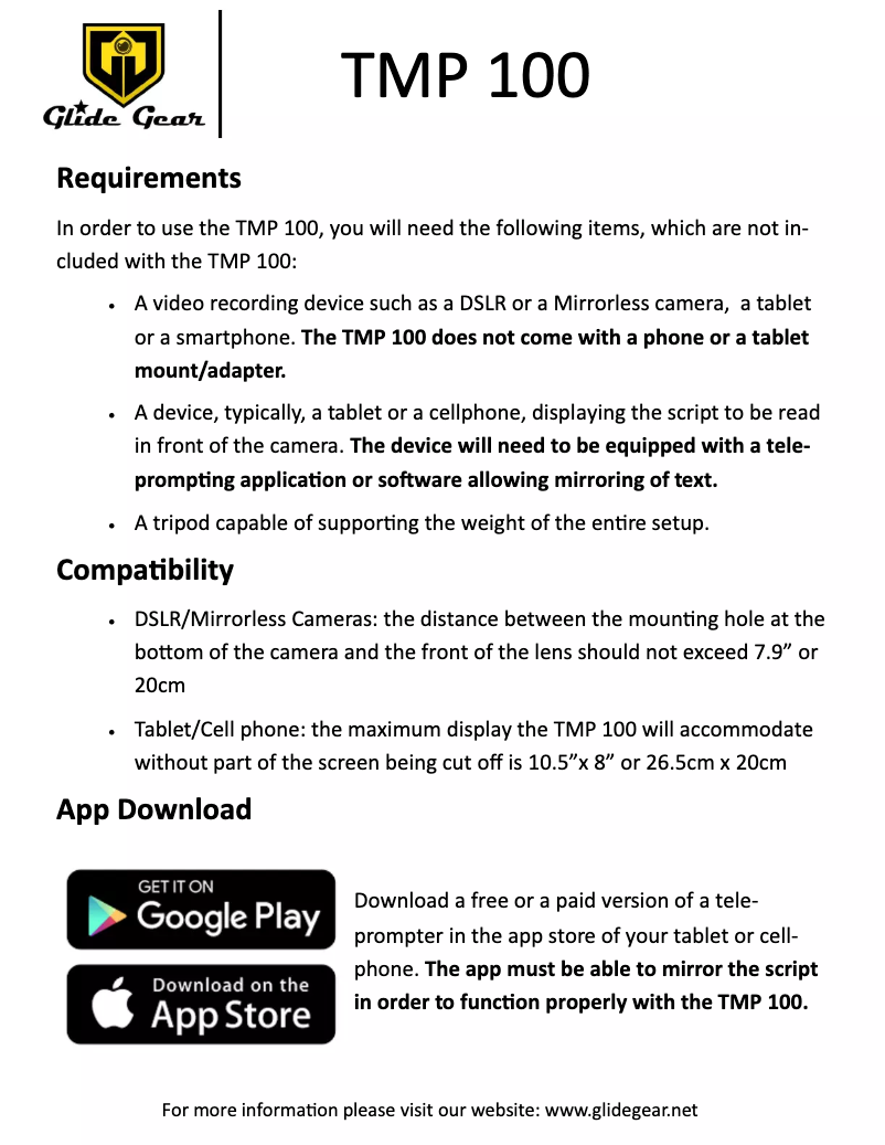 Page 1 of the manual User Manual Glide Gear TMP 100