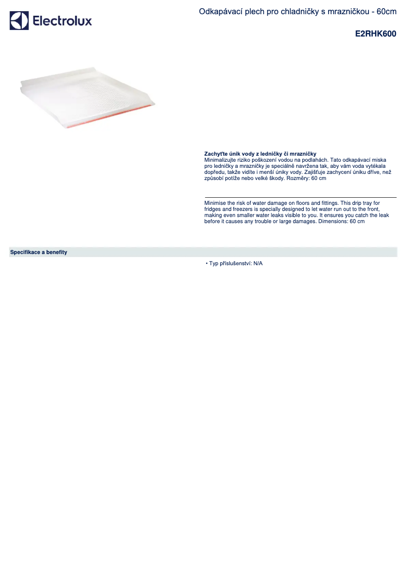 Page 1 de la notice Fiche technique Electrolux E2RHK600