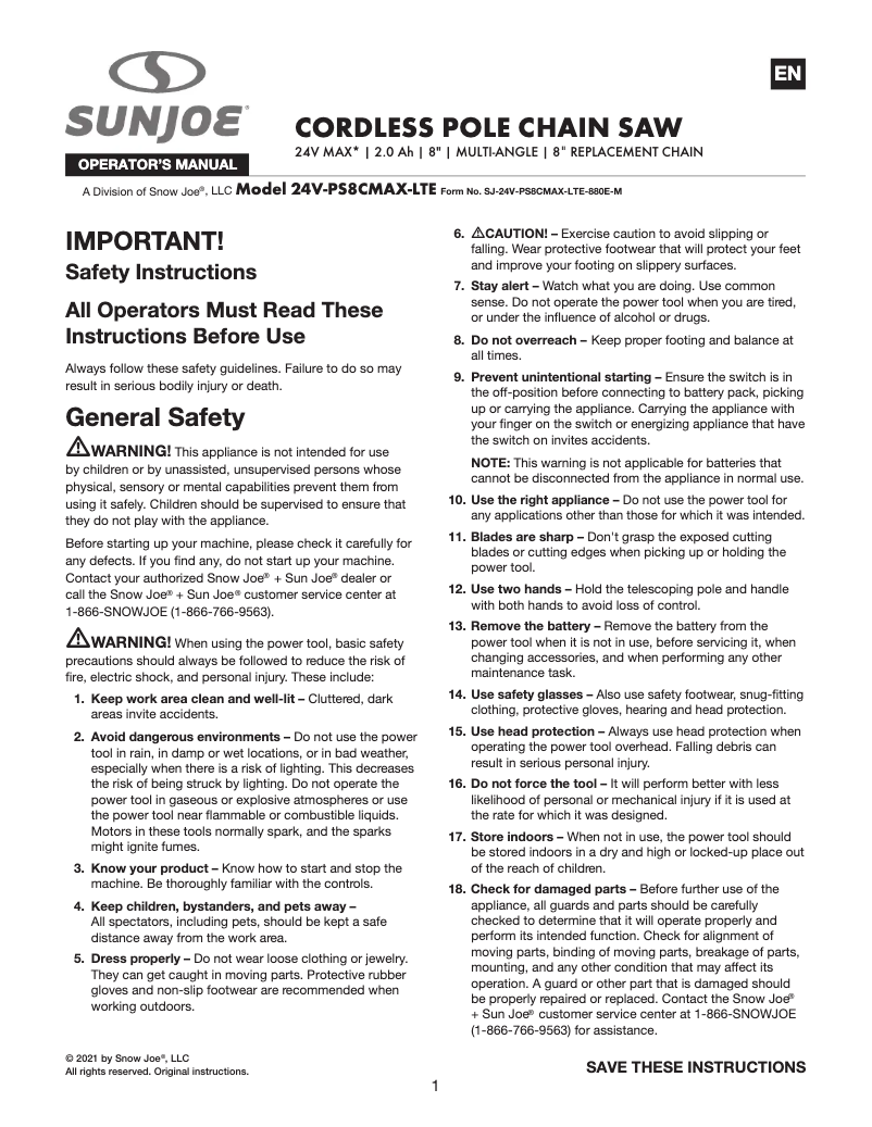 Page 1 de la notice Manuel utilisateur Sun Joe 24V-PS8CMAX-LTE