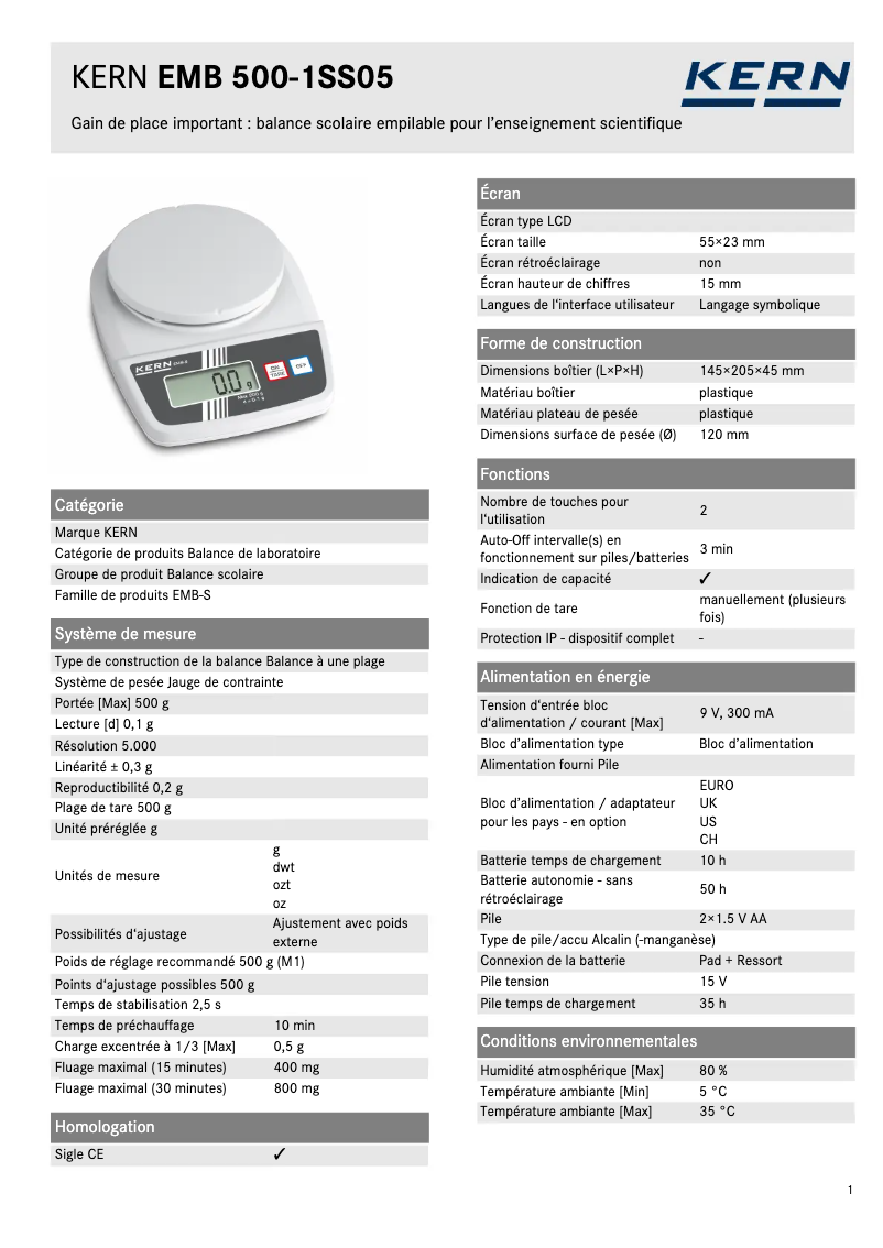 Page 1 de la notice Fiche technique Kern EMB 500-1SS05