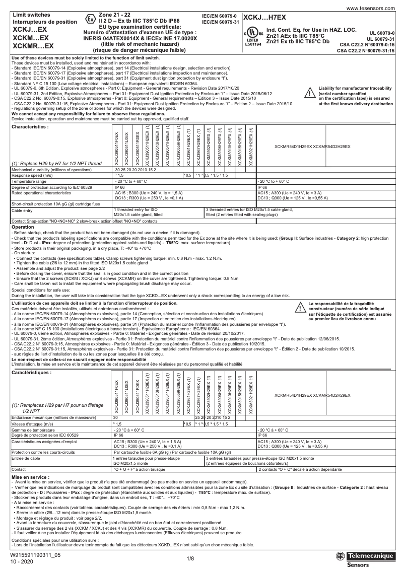 Page 1 de la notice Manuel utilisateur Schneider XCKJ3961H29EX