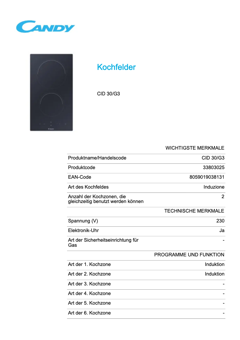 Page 1 de la notice Fiche technique Candy CID 30/G3