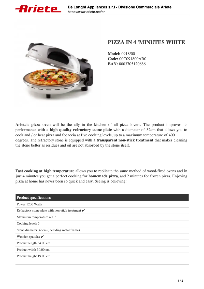 Page 1 de la notice Fiche technique Ariete 0918