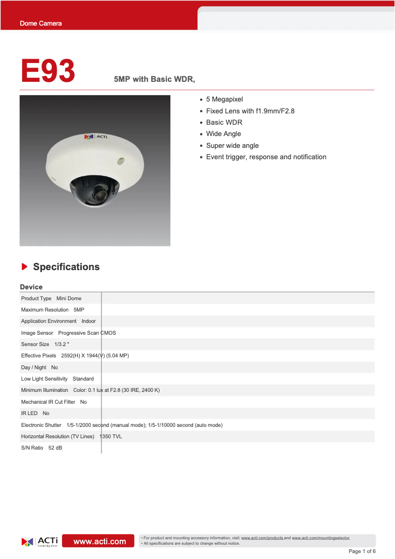 Page n°1 - Fiche technique ACTi E93