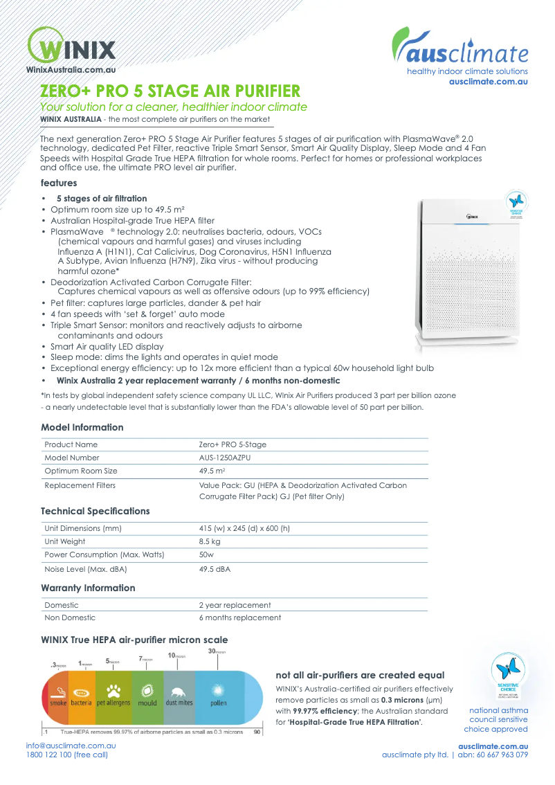 Page 1 de la notice Fiche technique Winix ZERO+ AUS-1250AZPU