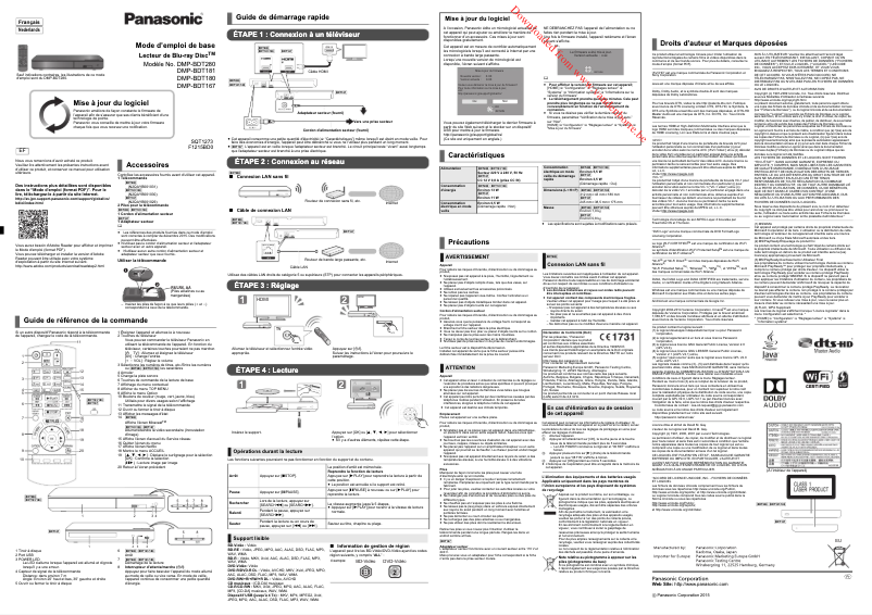Page 1 de la notice Manuel utilisateur Panasonic DMP-BDT16