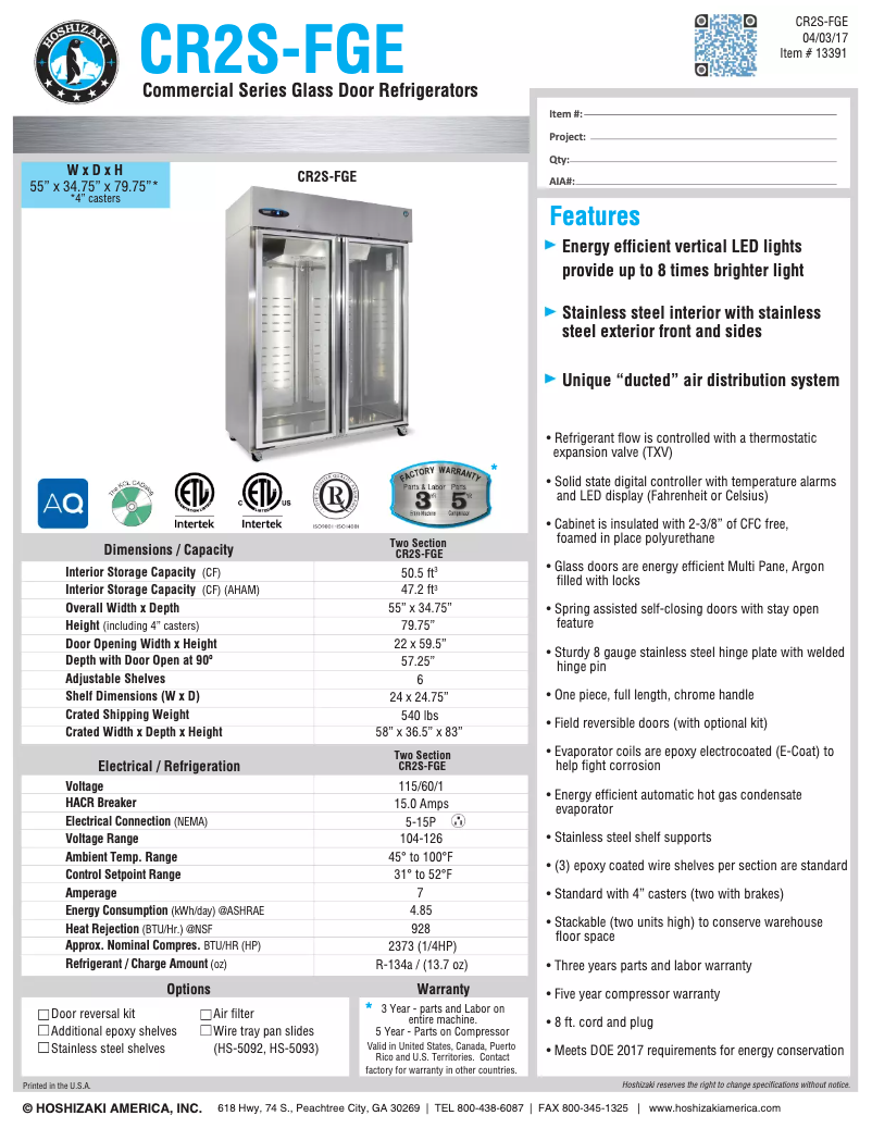 Page n°1 - Fiche technique Hoshizaki Commercial CR2S-FGE