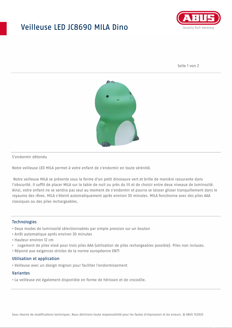 Page 1 de la notice Fiche technique Abus Mila JC8690