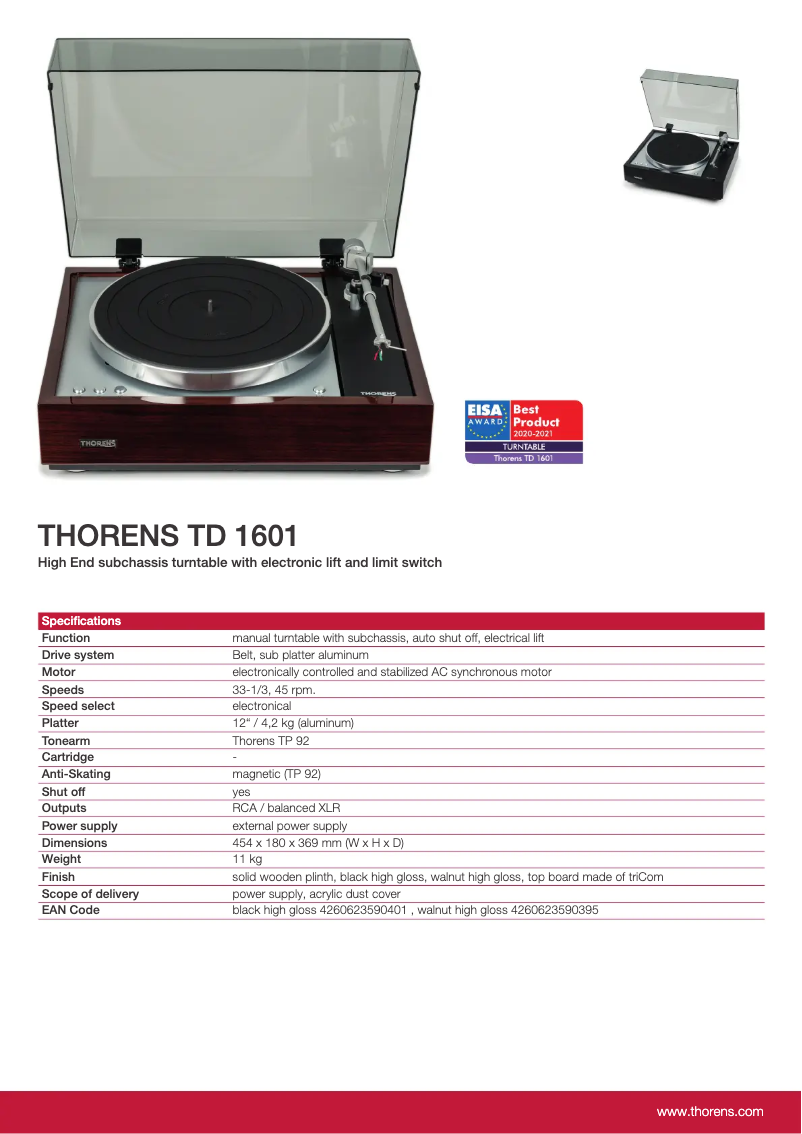 Page 1 de la notice Fiche technique Thorens TD 1601