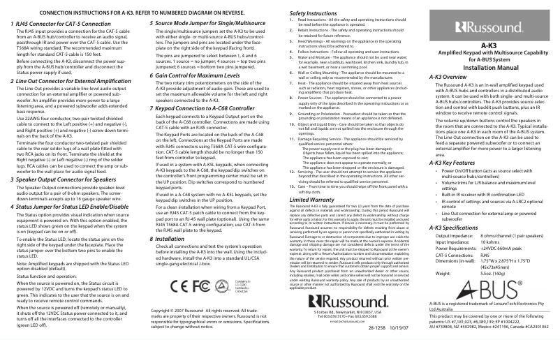 Page n°1 - Manuel utilisateur Russound A-K3
